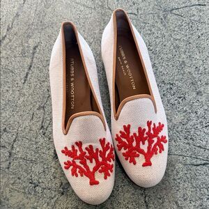 Stubbs & Wootton Coral Embroidered White Loafers